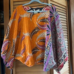 Women's Kantha Orange Mixed-Print Boho Tunic Top
